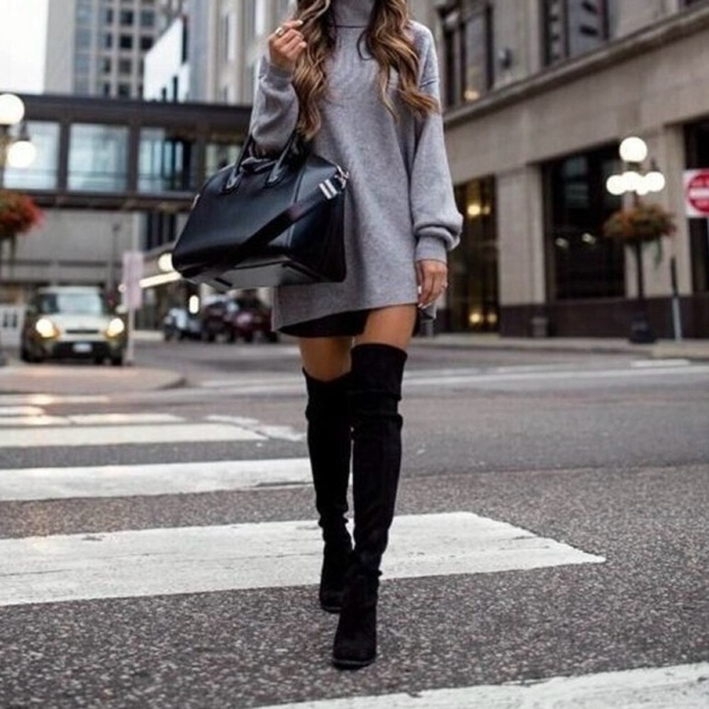 Suede Leather Over the knee high heeled chunky platform boots 7-7.5 Womens